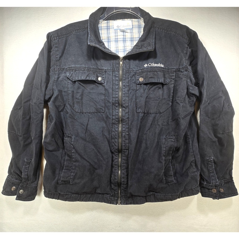 Columbia Mens XL Black Cotton Canvas Field Jacket Plaid Lined Full Zip W03233